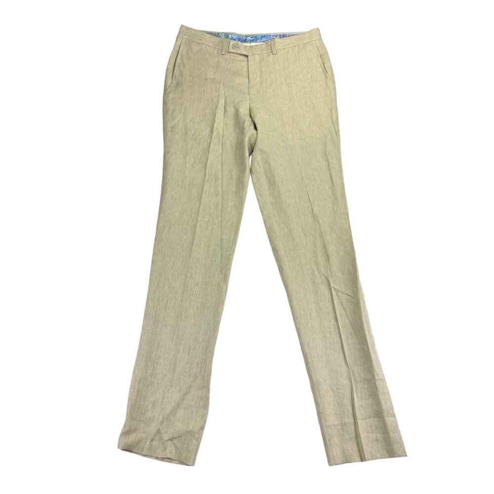 Robert Graham Mens 100% Linen Russell Delave Slim Fit Dress Pants Khaki 33